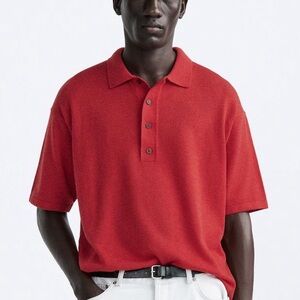 Zara Red OVERSIZE KNIT POLO SHIRT